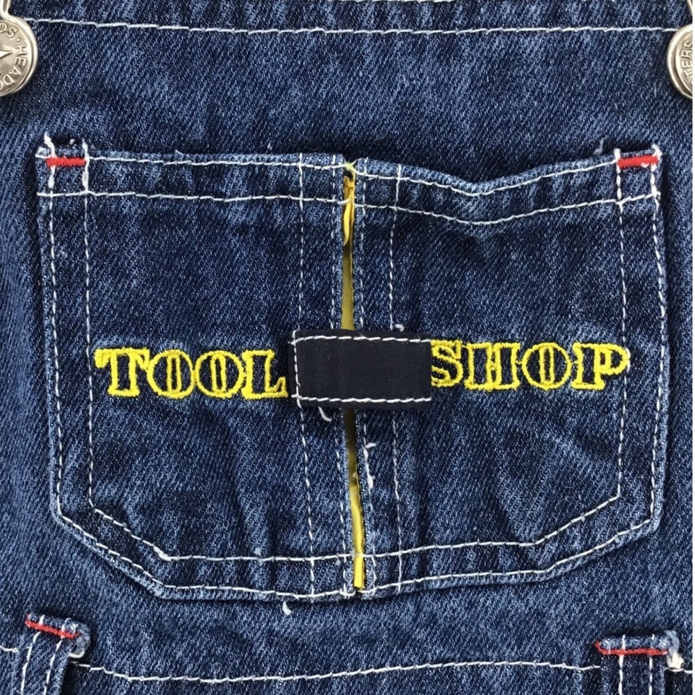 Vintage Kids Headquarters Tool Shop Builder Denim Overalls Shorts 3T Embroidered - Picture 3 of 9
